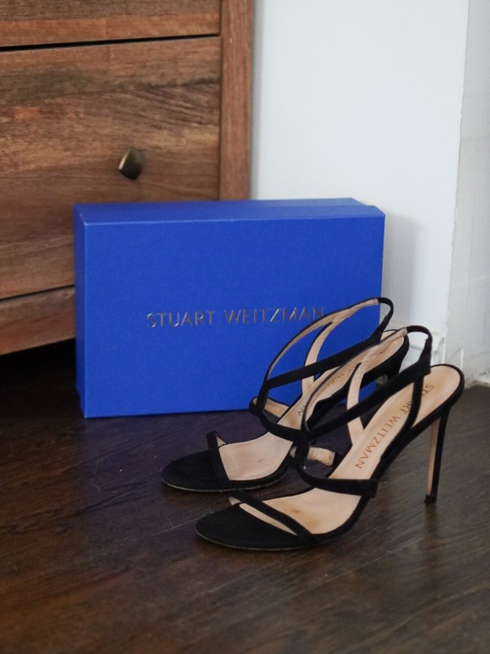STUART WEITZMAN SUEDE STRAPPY SANDALS IN BLACK